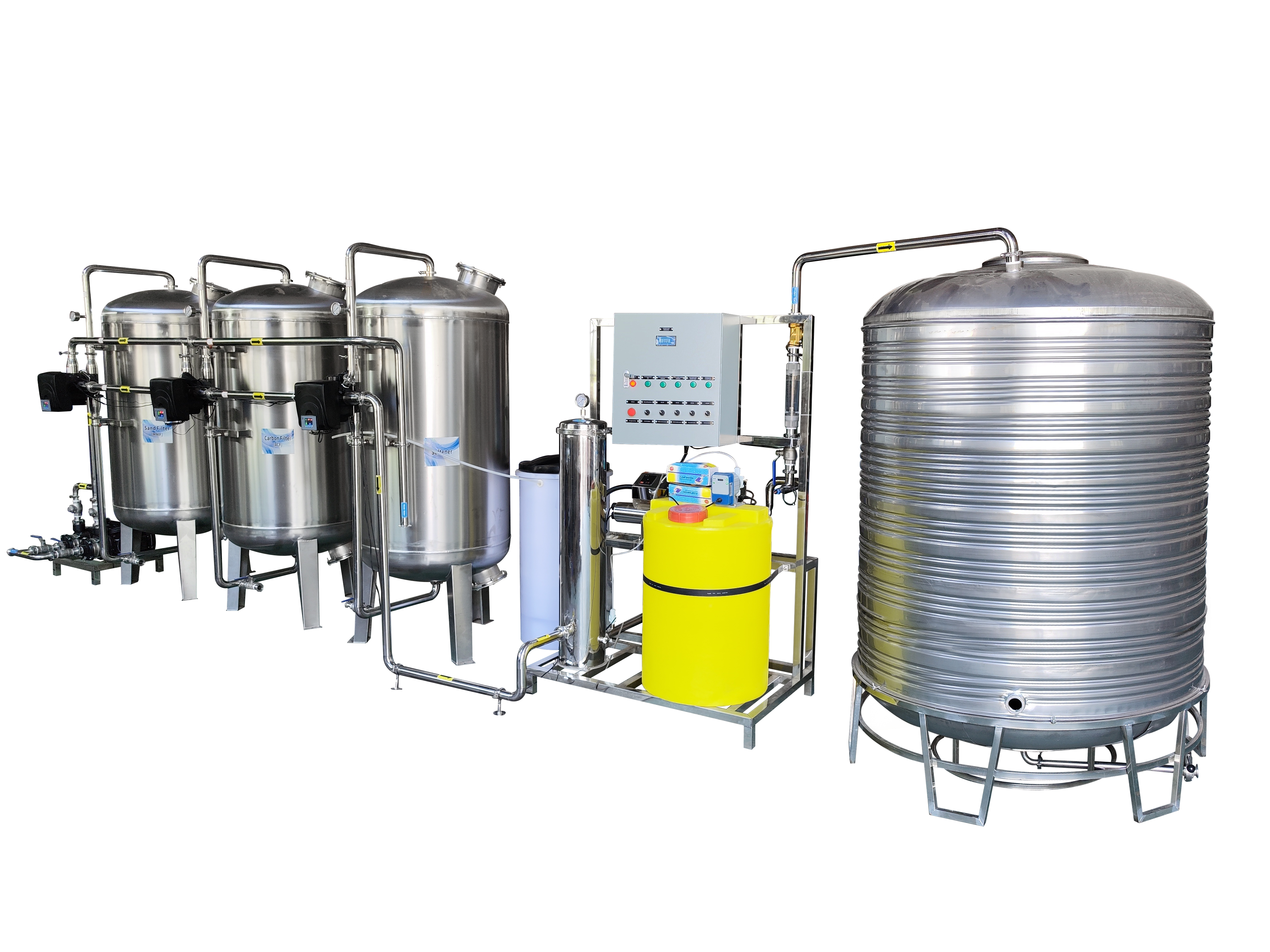 Stainless Steel Large Industrial Water Purifier System with Filtration Equipment: Sand Filter, Carbon Filter, Water Softener, and UV System