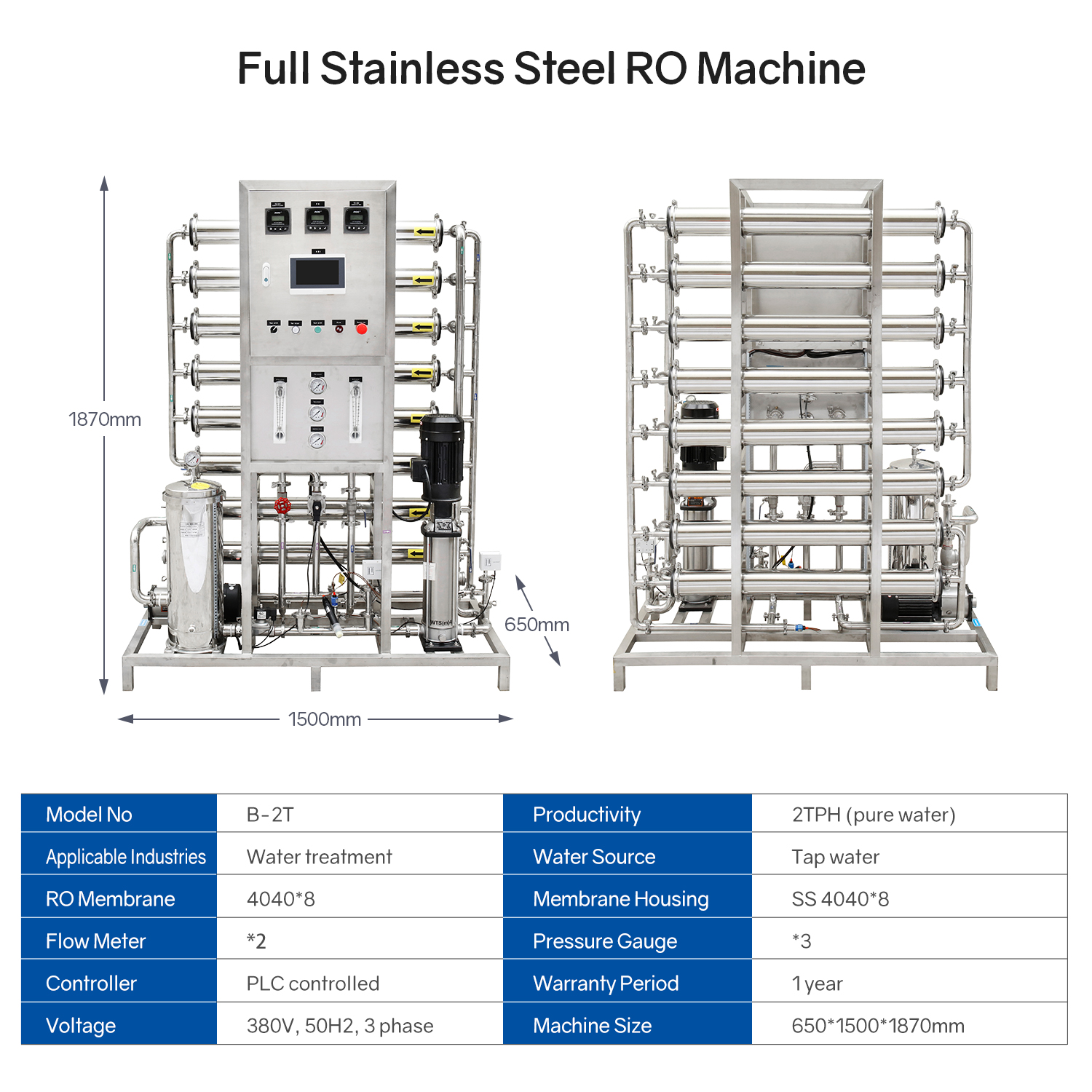 2000LPH Water Treatment Full Stainless Steel Reverse Osmosis System